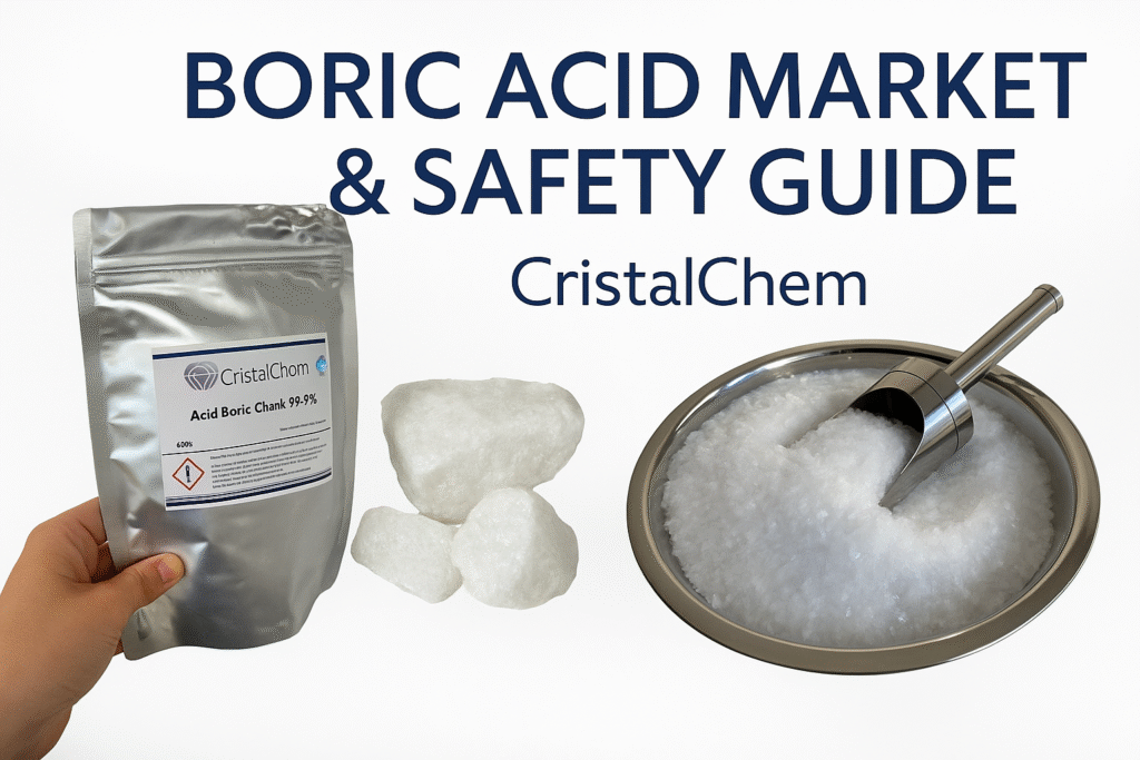 "CristalChem Boric Acid Chunk and Flake 99.9% purity — safe laboratory and industrial reagent with COA SDS and REACH CLP compliance