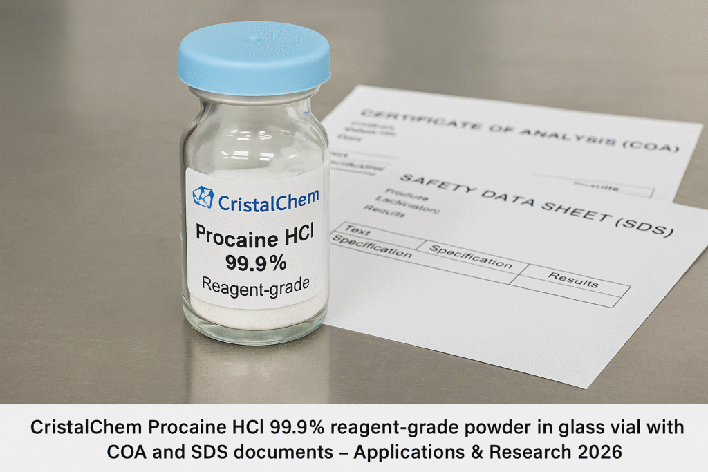 CristalChem Procaine HCl 99.9% reagent-grade powder in glass vial with COA