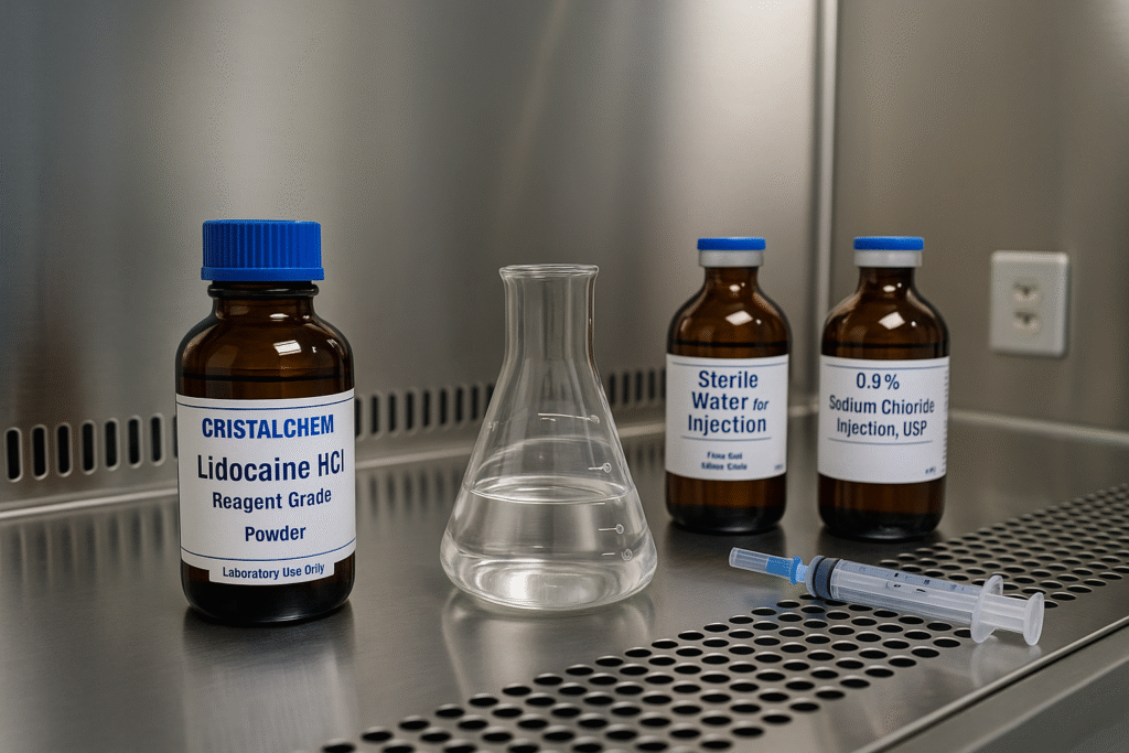 Lidocaine HCl sterile rehydration under laminar flow hood – CristalChem laboratory environment